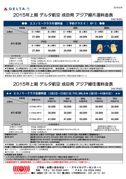 2015年上期 デルタ航空 成田発 アジア線往復料金表 2015年