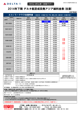 2014年下期 デルタ航空成田発アジア線料金表(往復)