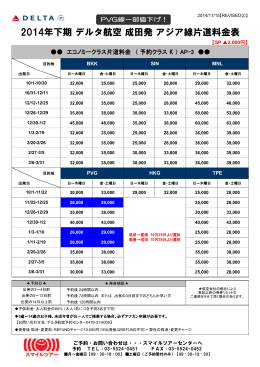 2014年下期 デルタ航空 成田発 アジア線片道料金表