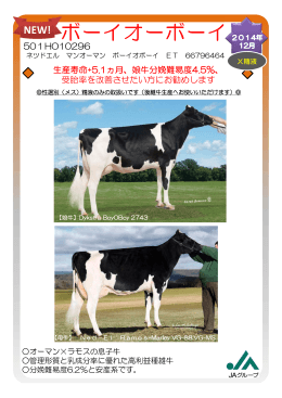 501HO10296 生産寿命+5.1ヵ月、娘牛分娩難易度4.5%、 受胎率を