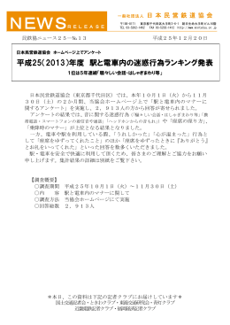 平成25（2013）年度 駅と電車内の迷惑行為ランキング発表