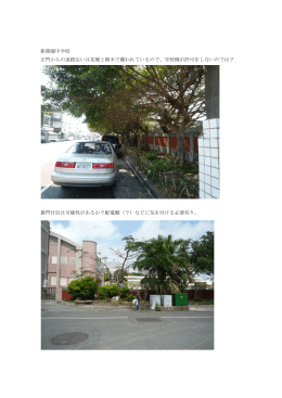新港國中学校 正門からの道路沿いは花壇と樹木で覆われているので