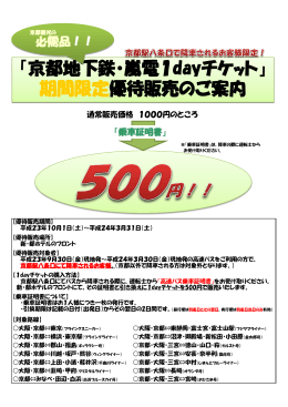 「京都地下鉄・嵐電1dayチケット」 期間限定優待販売のご案内