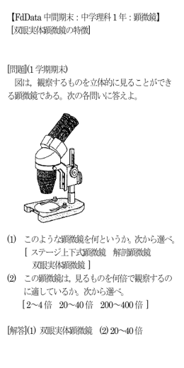【FdData 中間期末：中学理科1 年：顕微鏡】 [双眼実体顕微鏡の特徴