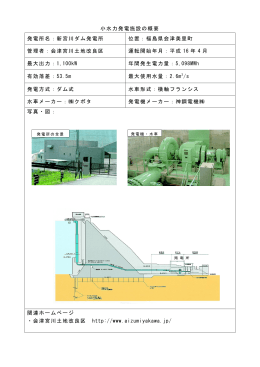 小水力発電施設の概要 発電所名：新宮川ダム発電所 位置：福島県会津