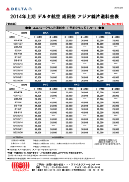 2014年上期 デルタ航空 成田発 アジア線片道料金表