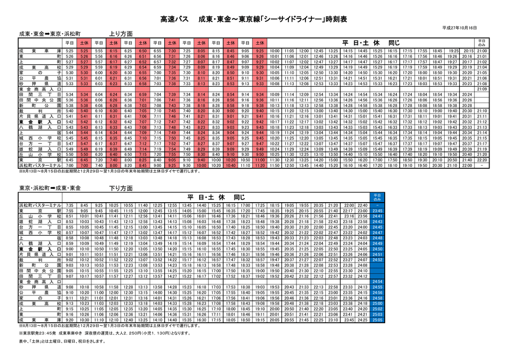 高速バス 成東 東金 東京線 シーサイドライナー 時刻表