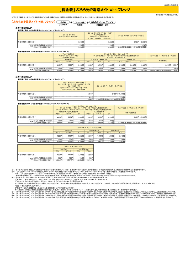 料金表 ぷらら光ip電話メイト With フレッツ