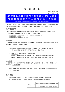 ・不正薬物の押収量が3年連続で 600kg 超え ・覚醒剤の摘発