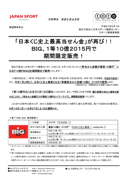 「日本くじ史上最高当せん金」が再び！！ BIG、1等10億2015円で 期間