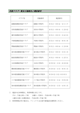 児童クラブ一覧及び連絡先と電話番号