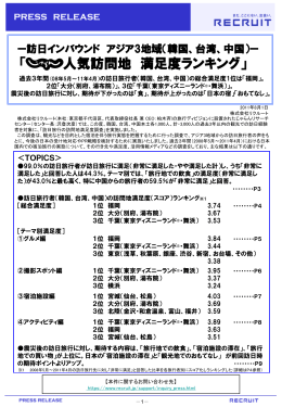 「じゃらん人気訪問地 満足度ランキング」～訪日インバウンド アジア3地域