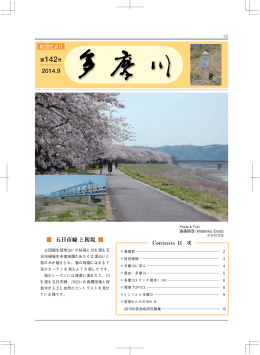 公団福生団地沿いの桜堤と川を渡る五 日市線福生市南田園のあたりは