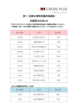 第 11 回株主様特別優待抽選会 当選者のお知らせ