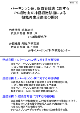 パーキンソン病、脳血管障害に対する iPS細胞由来神経細胞移植による