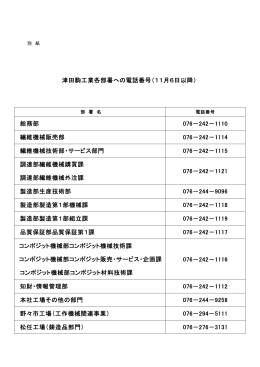 津田駒工業各部署への電話番号（11月6日以降） 総務部 076－242