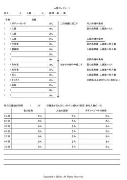 村人： 人 人狼： 人 妖狐： 有 ・ 無 ボディーガード さん この順番に起こす