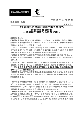 ES 細胞から成体と同等の能力を持つ 膵臓の細胞を作製