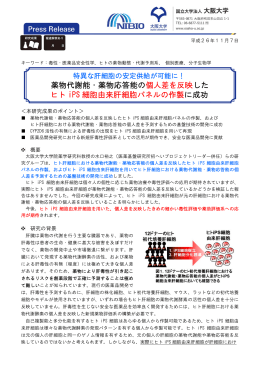 薬物代 ヒト i 代謝能・ PS 細胞 ・薬物応 胞由来肝 応答能の 肝細胞パ の