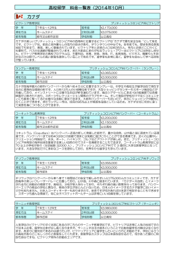 高校留学 料金一覧表（2014年10月） カナダ
