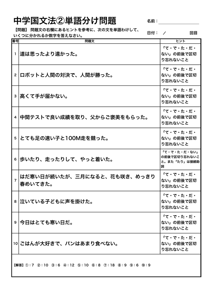 中学国文法 単語分け問題