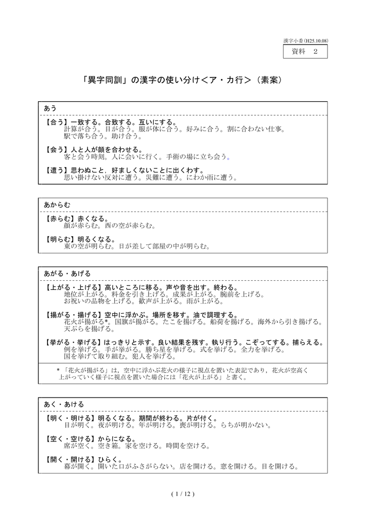 異字同訓 の漢字の使い分け ア カ行 素案