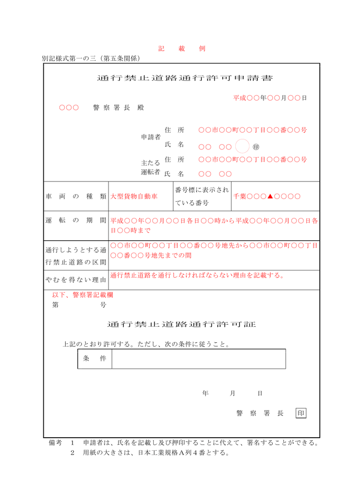 記 載 例 別記様式第一の三 第五条関係 通行禁止道路