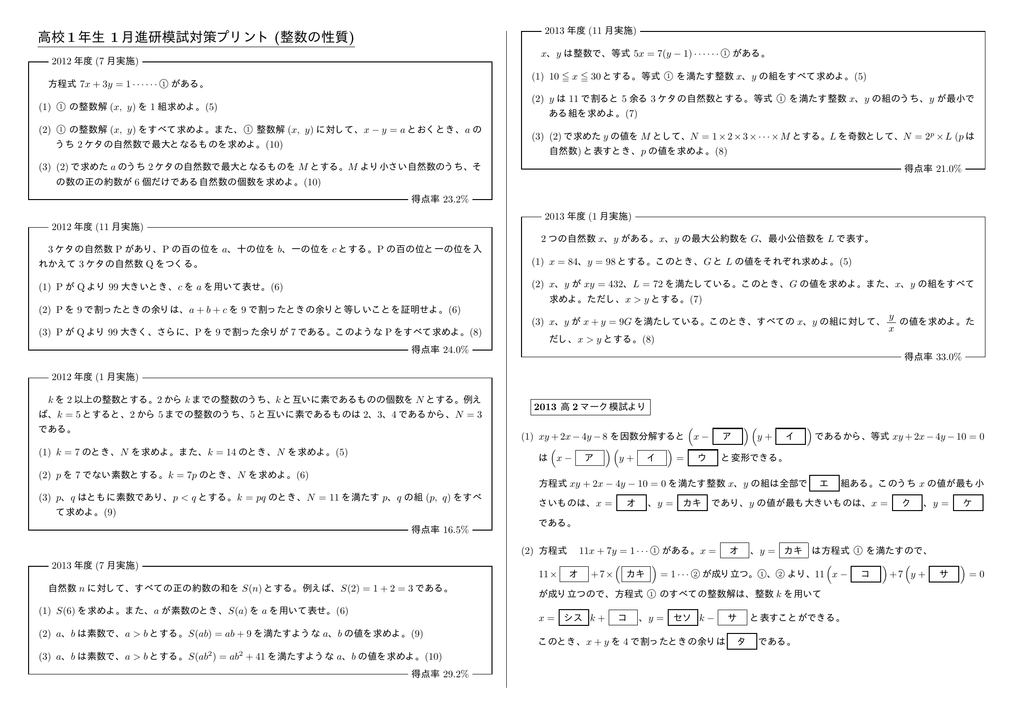 高校1年生 1月進研模試対策プリント 整数の性質