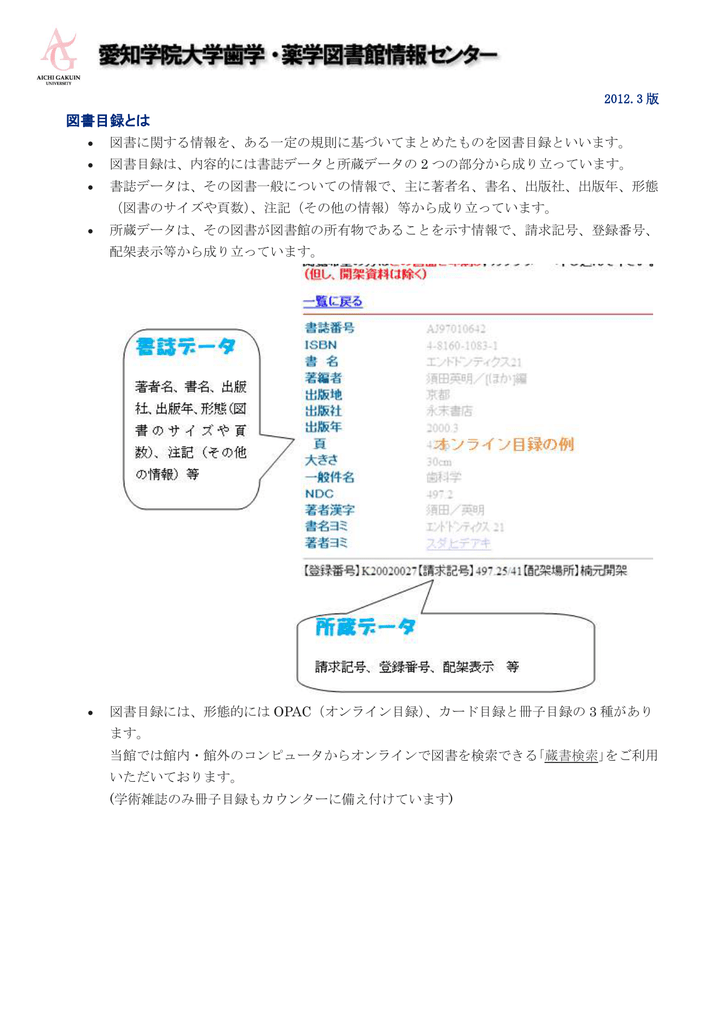 図書目録とは 愛知学院大学歯学 薬学図書館情報センター