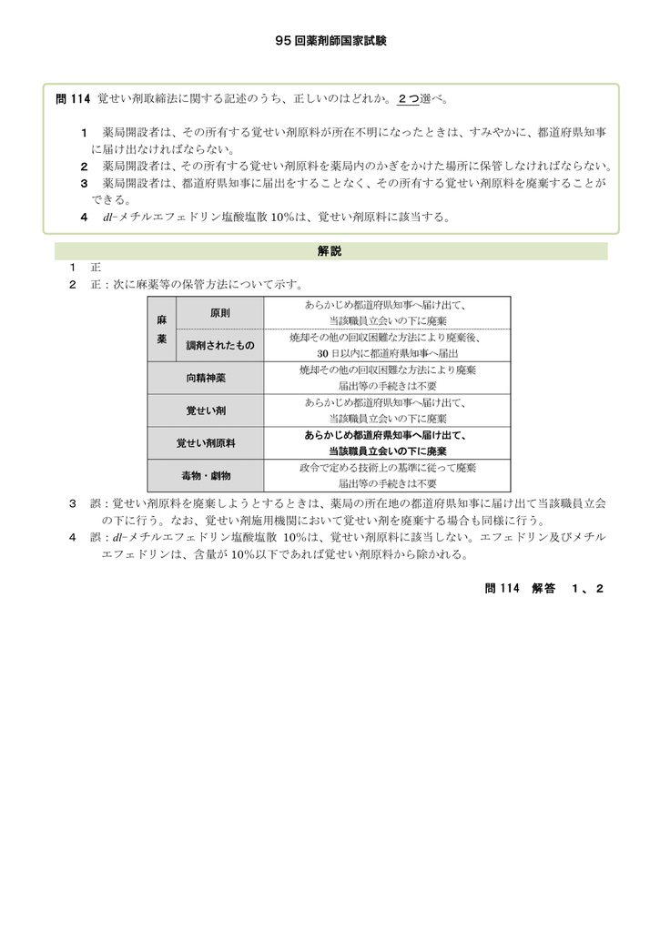 95 回薬剤師国家試験 問 114 覚せい剤取締法に関する記述のうち