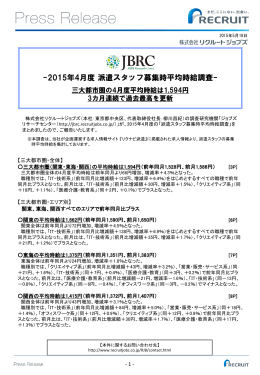 2015年4月度 派遣スタッフ募集時平均時給調査