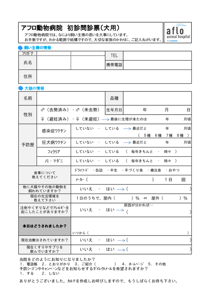 アフロ動物病院 初診問診票 犬用