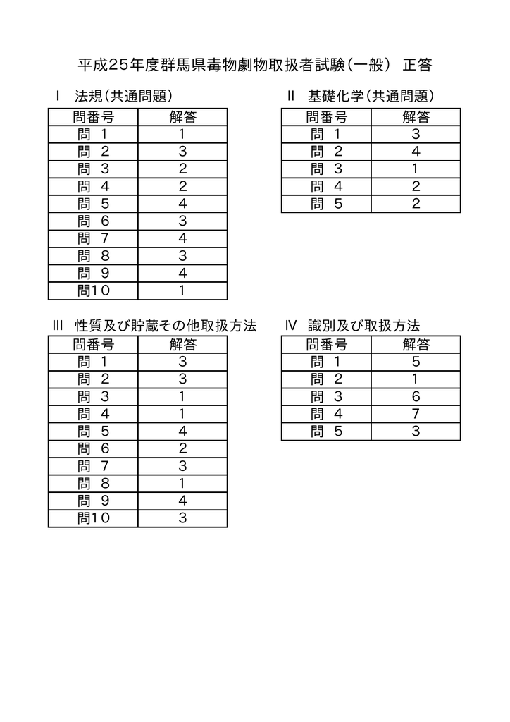 平成25年度群馬県毒物劇物取扱者試験 一般 正答