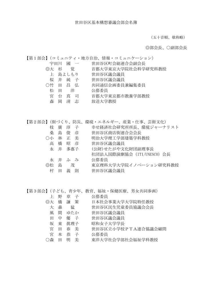 世田谷区基本構想審議会部会名簿 部会長 副部会長 第1部会