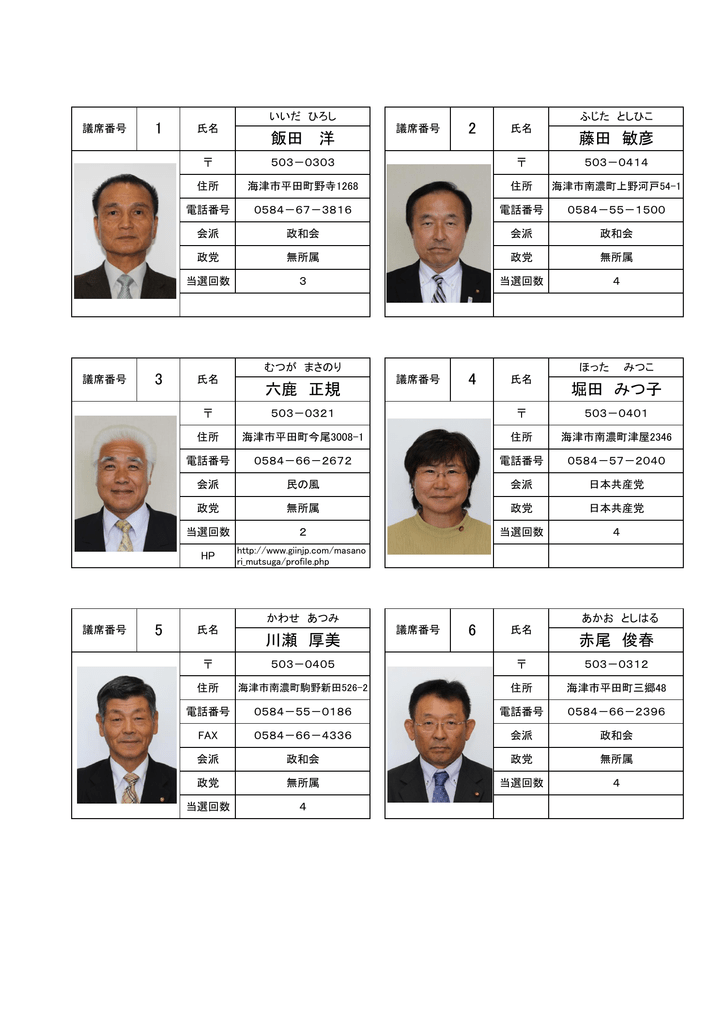 海津市議会議員名簿