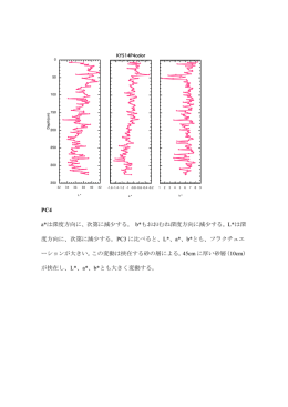 PC4 a*は深度方向に、次第に減少する。 b*もおおむね深度方向に減少