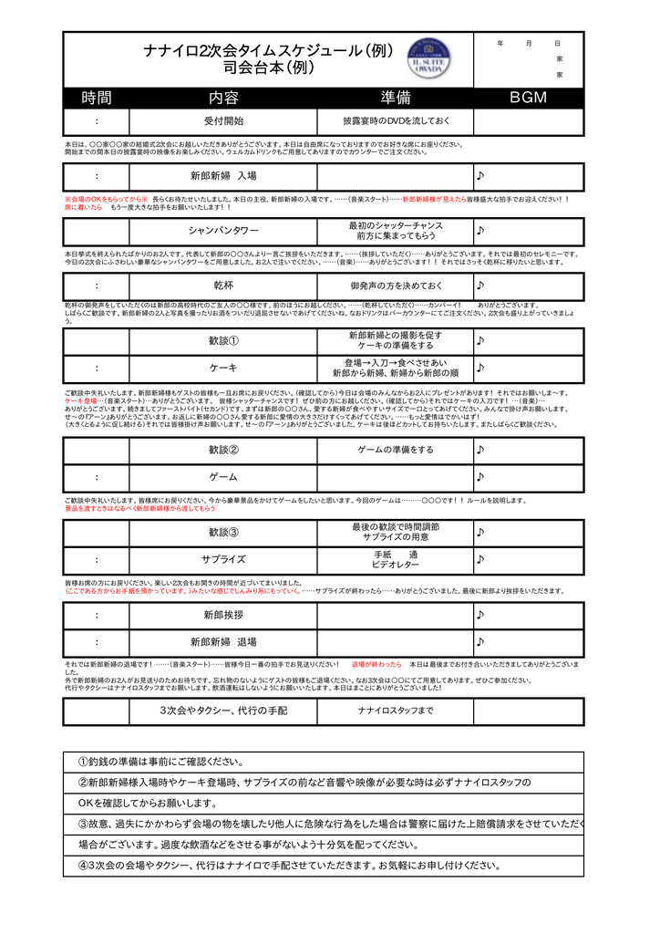 ナナイロ2次会タイムスケジュール 例 司会台本 例 Bgm 時間 内容 準備