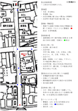 【出店配置図】 ・ 部分が出店場所となる。 【数値】 ・ 全長：約 250m ・ 車道