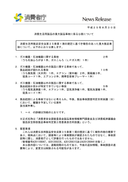 平成25年8月30日 消費生活用製品の重大製品事故に係る