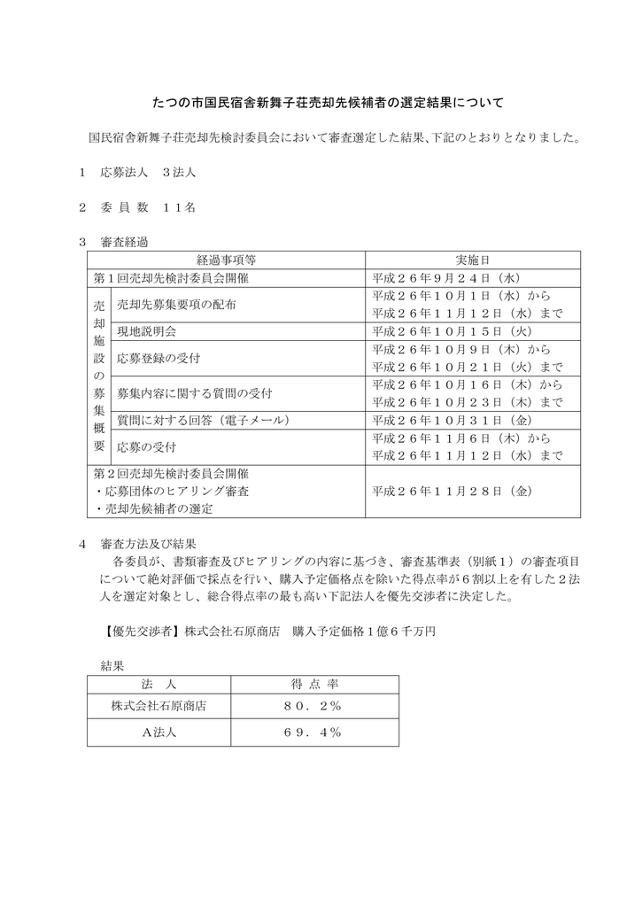 国民宿舎新舞子荘売却先検討委員会の選定結果 Pdf