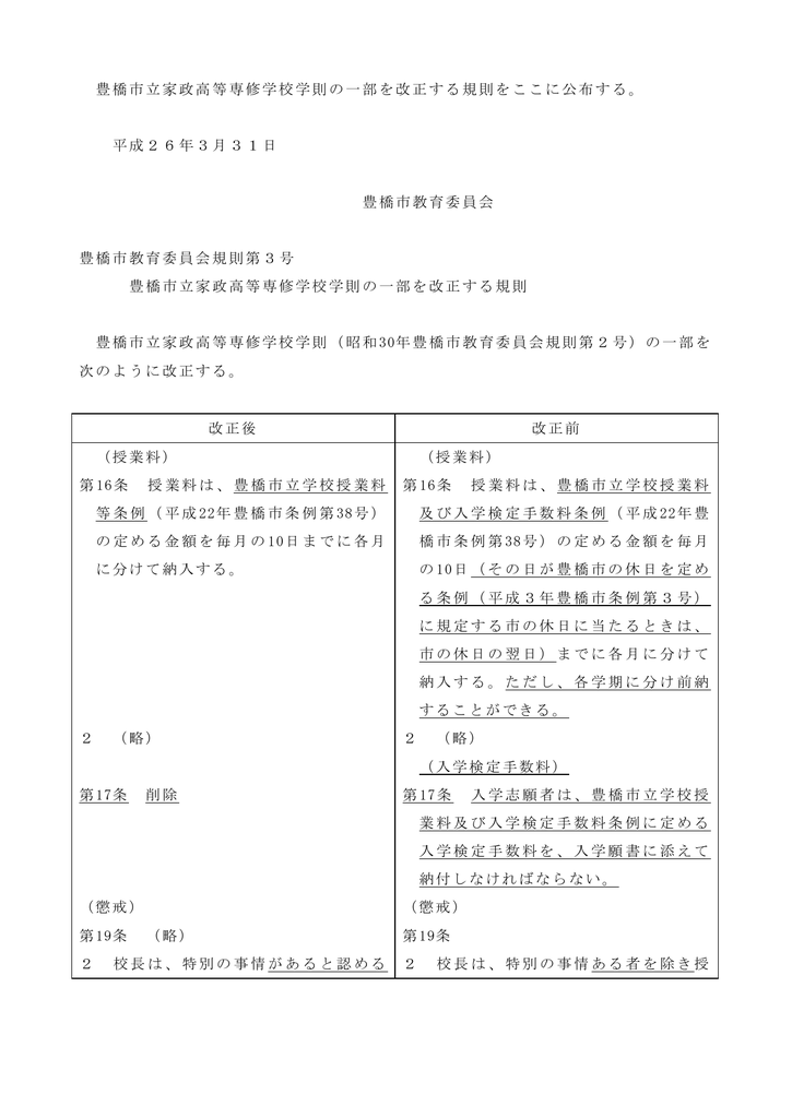 豊橋市立家政高等専修学校学則の一部を改正する規則をここに公布する