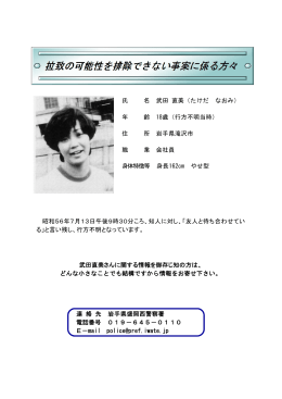 氏 名 武田 直美（たけだ なおみ） 年 齢 18歳（行方不明当時） 住
