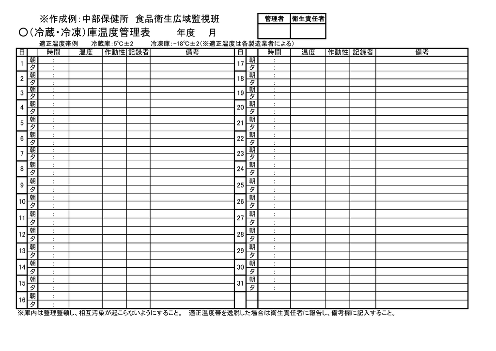 冷蔵 冷凍庫温度管理表