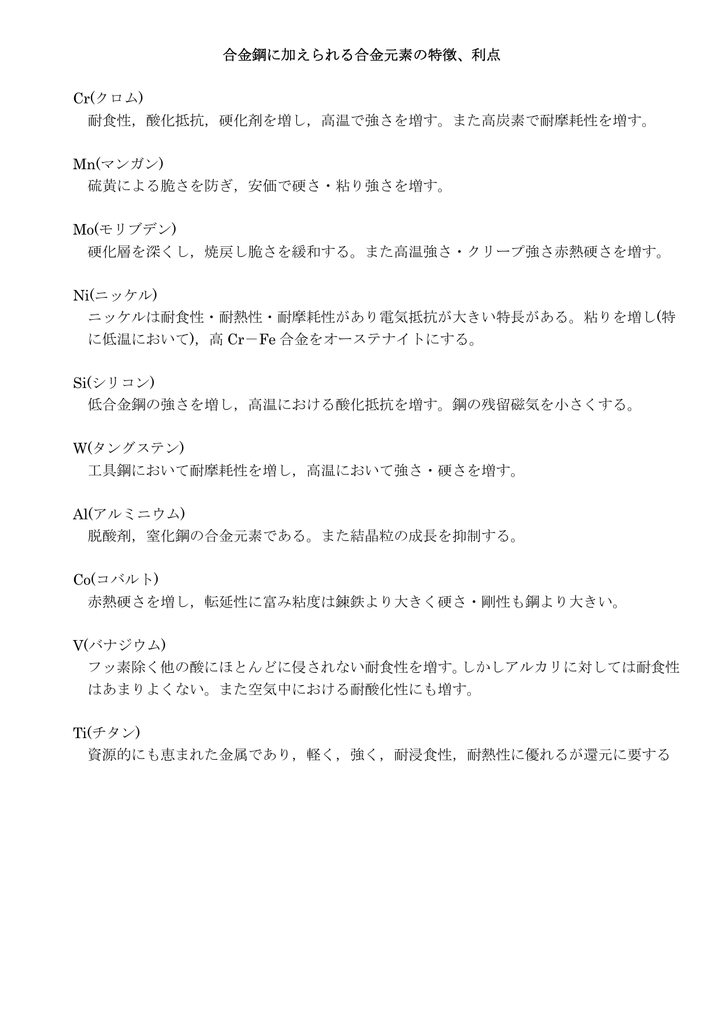 合金鋼に加えられる合金元素の特徴 利点 Cr クロム 耐食性 酸化抵抗