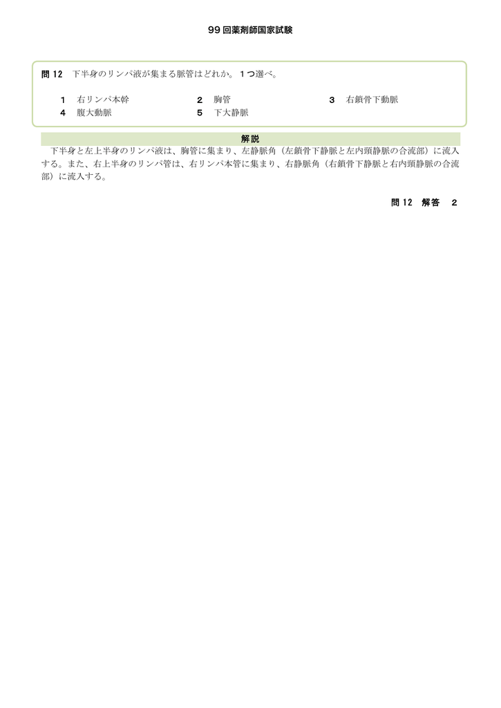 99 回薬剤師国家試験 問 12 下半身のリンパ液が集まる脈管はどれか 1