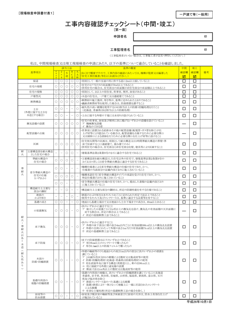 工事内容確認チェックシート 中間 竣工 一戸建て等 一般用
