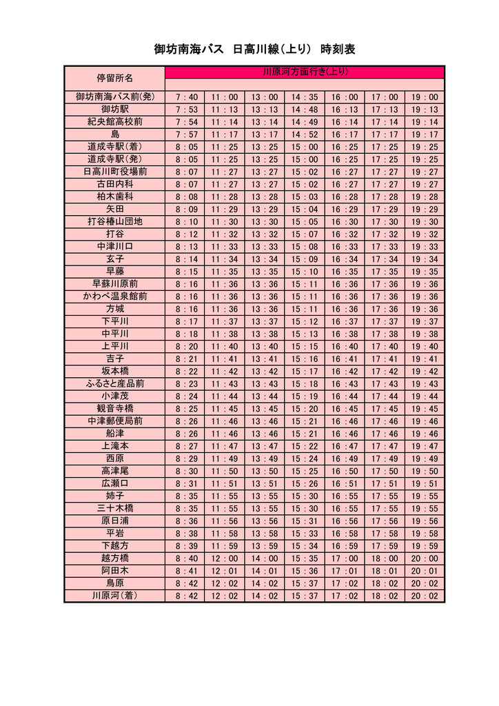 御坊南海バス 日高川線時刻表 Xlsx