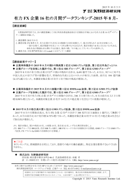 有力 FX 企業 16 社の月間データランキング-2015 年 8
