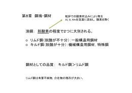 第8章 鋼塊・鋼材 溶鋼： 脱酸素の程度で2つに大別される。 リムド鋼（脱