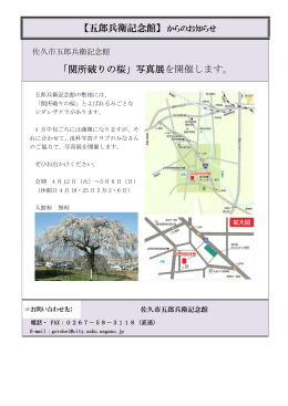 【 【五 五郎 郎兵 兵衛 衛記 記念 念館 「関所破りの桜」写真展を